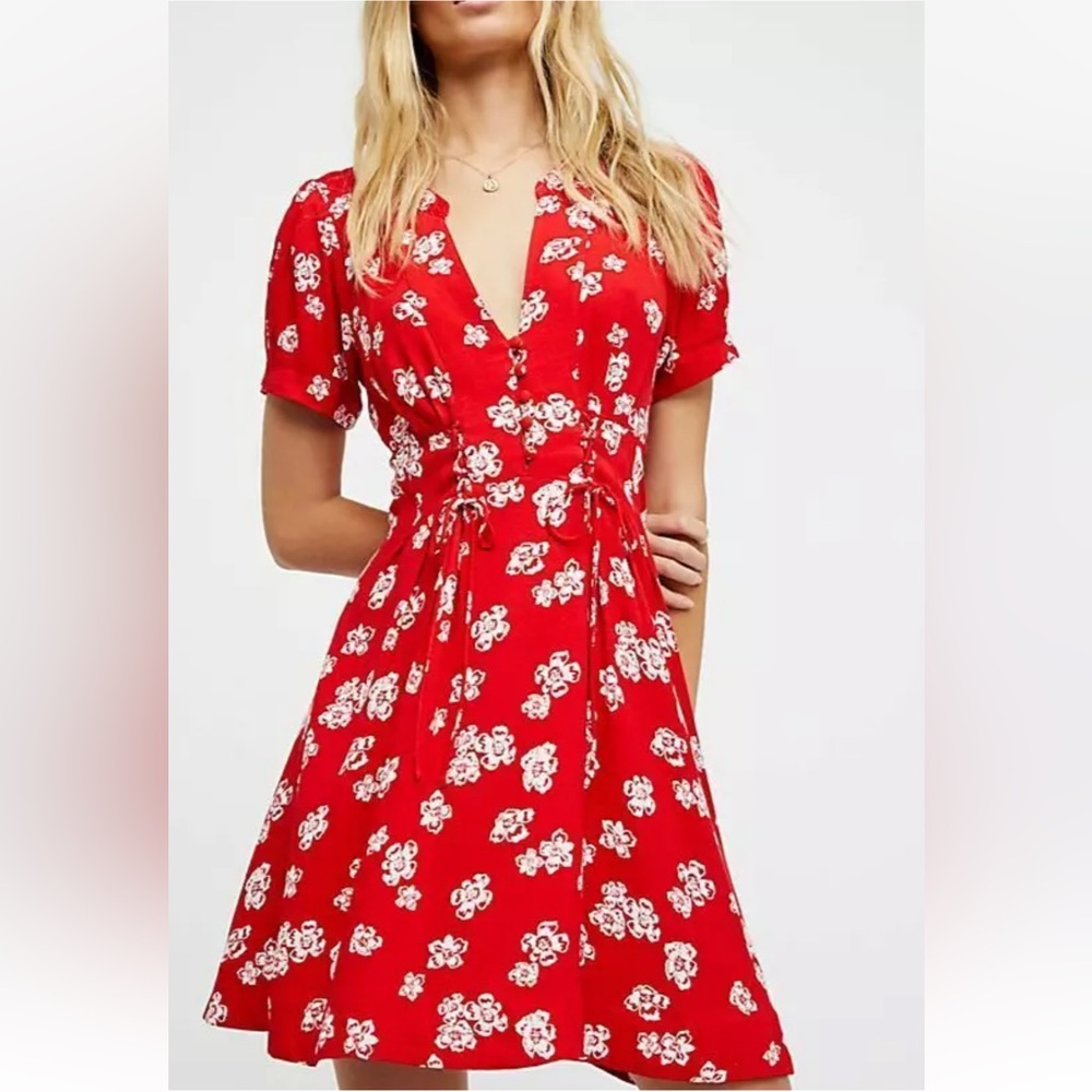 NWT Free People Red Floral Lace-up Dress Sz 0
